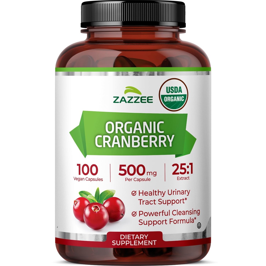 Zazzee USDA Organic Cranberry 25:1 Ekstrakt, 500 mg per kapsel, 100 vegansk kapsler, over 3 måneders forsyning, standardisert, konsentrert 25X ekstrakt, 100% vegetarisk, sertifisert organisk, ikke-GMO all-naturlig