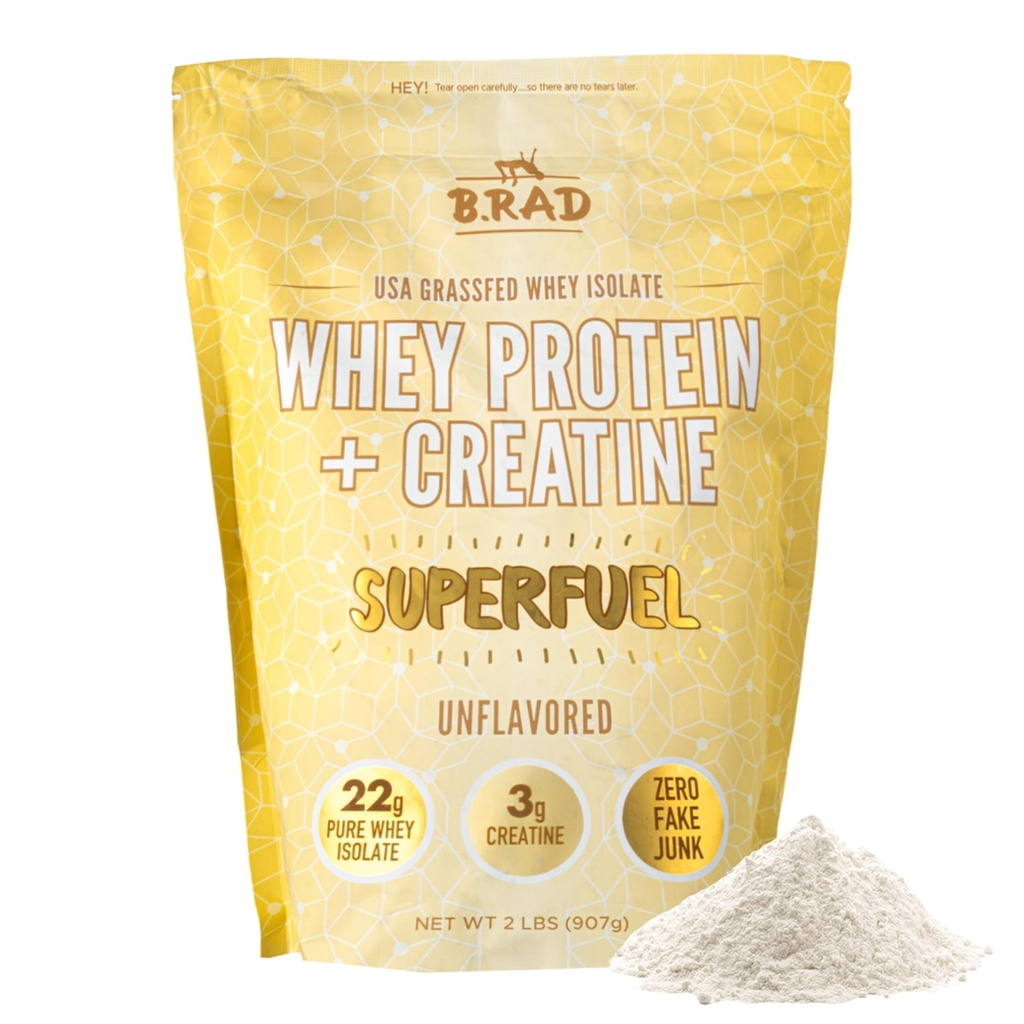 B.rad Superdrivstoff - Grass Fed Whey Protein Isolert med kreatin | Farm-Fresh, lett å digest, rene ingredienser | 2 pund | 100% USA Sourced | Unflavored