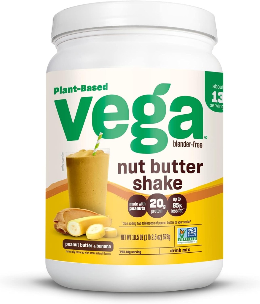 Vega Nut Butter Shake, Peanut Smør & Banan - Vegansk Protein pulver, 20g Protein, ekte mat ingredienser, Ingen tilsatt sukker, 1.39 lbs