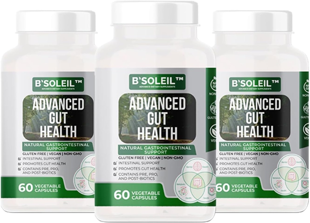 B’SoleilTM Pack with 3 Advanced Gut Health Probiotics - Pre, Pro & Post Biotics - Naturlig gastrointestinal støtte - Glutenfri, Vegansk og ikke-GMO - 25 milliarder CFU - 60 kapsler i hver pakke