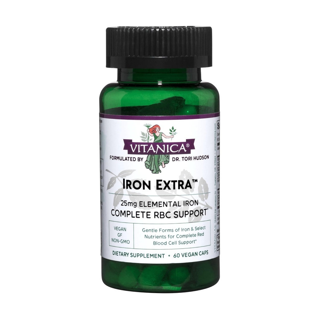 Vitanica Iron Extra, Jern Supplement Forbedret absorpsjon med vitamin C 500mg, Metylfolat 400mcg, B12 Vitamin 500mcg, kalsium, gul dock, Dandelion Root & Nettle Leaf ekstrakt, Vegan, 60 kapsler