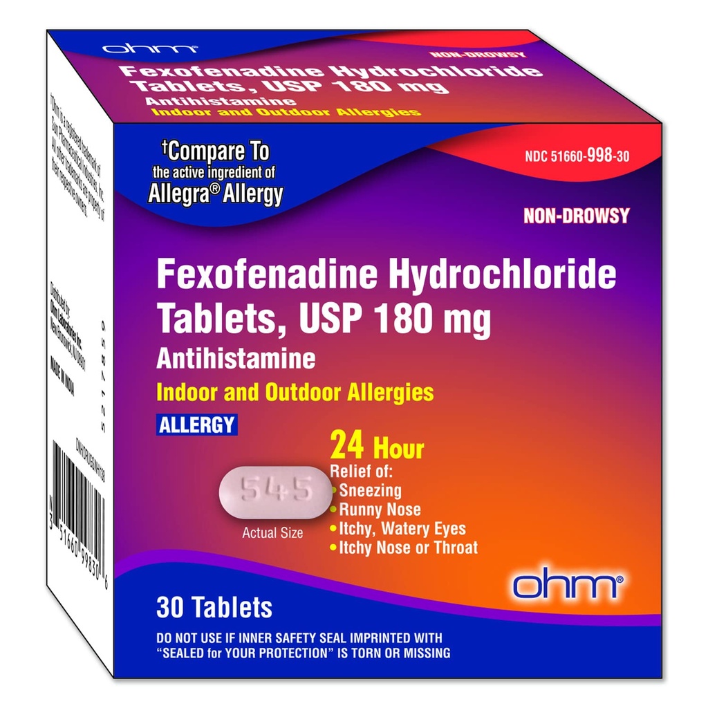 Ohm ikke-Drowsy Fexofenadin Antihistaminer Innendørs utendørs Allergy Relief Tabletter 30ct