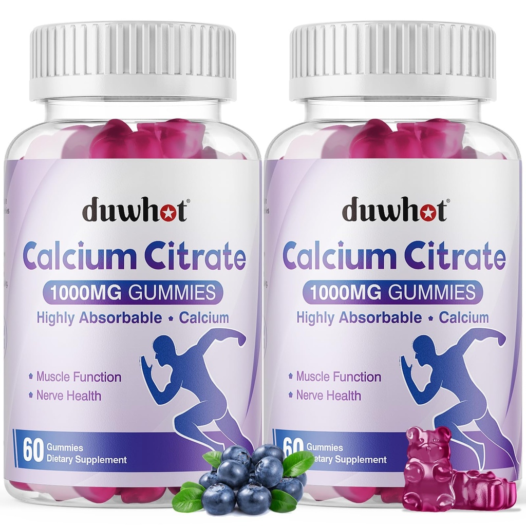 Kalsium Citrate Gummies, Chewable Kalsium Citrate 1000mg for bein, muskel og immun støtte, Ultimate Absorpsjon Kalsium Kosttilskudd for kvinner og menn, Blåbær, 120 Chews