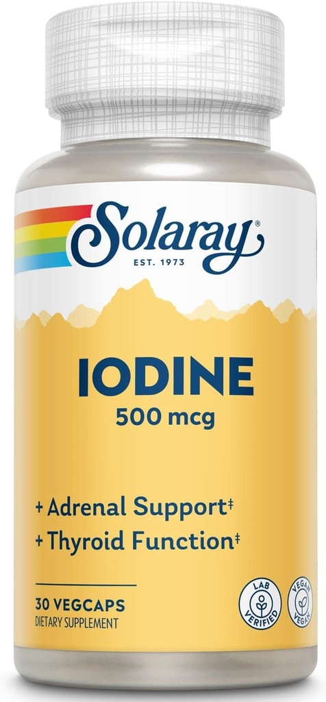 Solaray Iodine 500 mcg | kan bidra til å støtte sunn Thyroid funksjon, metabolisme, fokus og energi | Ikke-GMO, Vegan | 30 Vegkaps | Pakke med 2