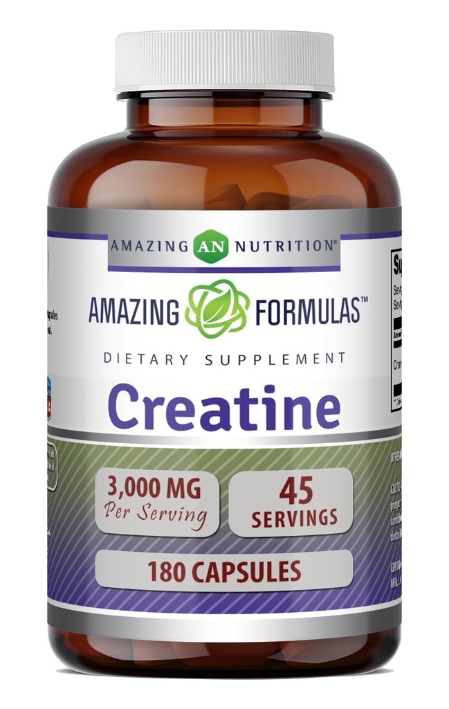 Amazing Formler Kreatin Monohydrat Aminosyre Supplement | 3000 Mg per servering | 180 kapsler | Ikke-GMO | Glutenfri | laget i USA