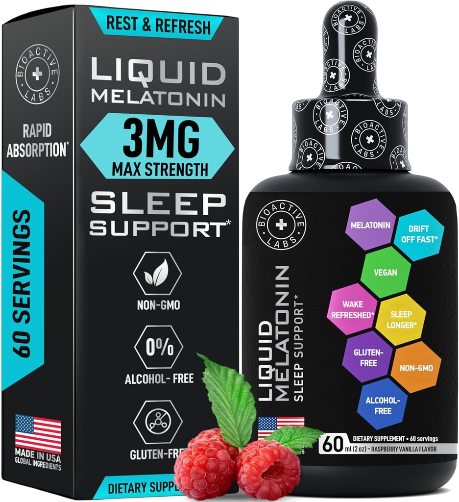 Flytende melatonin for voksne og barn - 3 mg ekstra styrke sublingual flytende melatonin for barn og voksne - søvn raske Liposomaldråper - naturlig bringebær flavor søvnhjelp - 60ml
