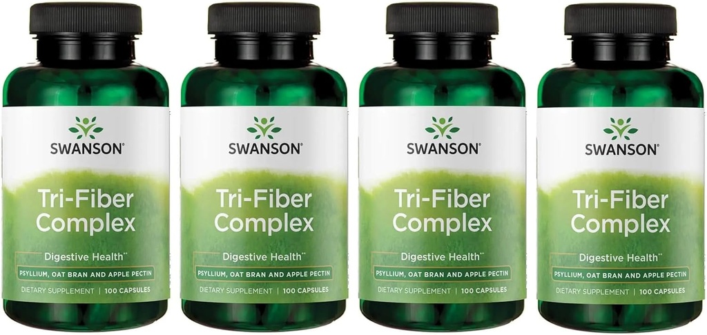 Swanson Tri-Fiber Complex - Digestive Helse Supplement laget med Psyllium, Oat Bran, & Apple Pectin - (100 kapsler) (4 pakke)