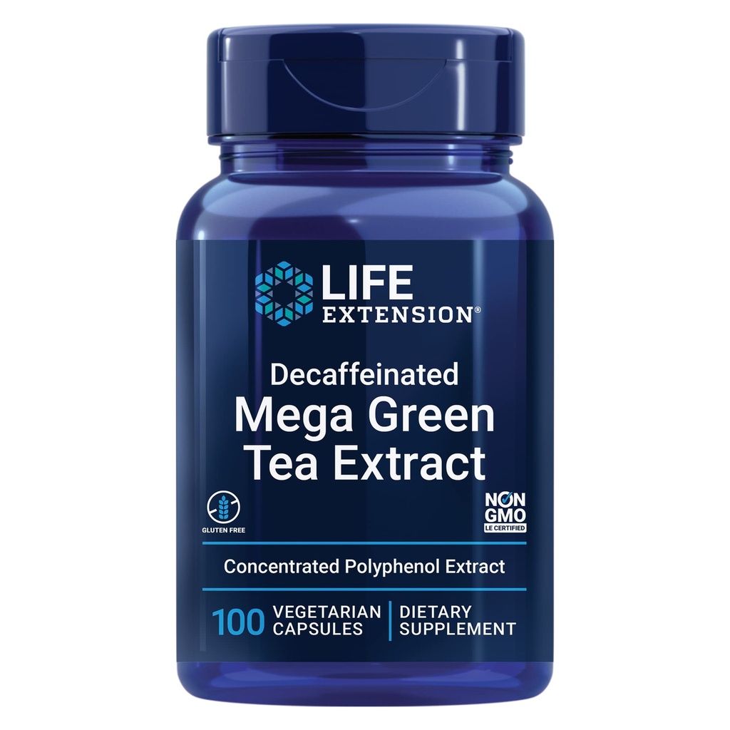 Life Extension Decaffeinated Mega Green Tea Extract - Polyfenol-Rich, cellehelse, hjertehelse, hjernehelse, antioksidant beskyttelse - ikke-GMO, Glutenfri, vegetarisk - 100 kapsler