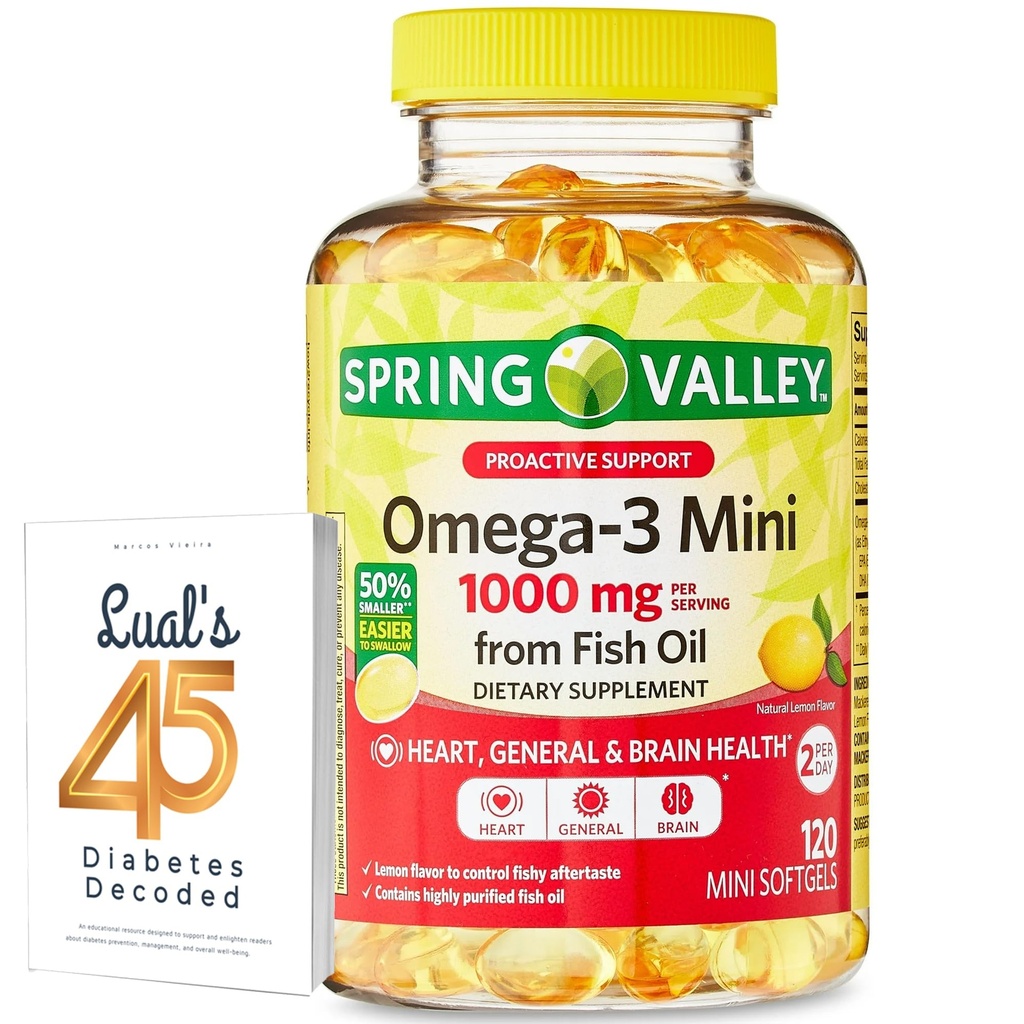 Spring Valley Omega-3 Mini fra Fish Oil 1000 mg, 120 greve, Diett Supplement, Omega 3 Mini Softgels Bundle med Luall 45 Diabetes Dekodet
