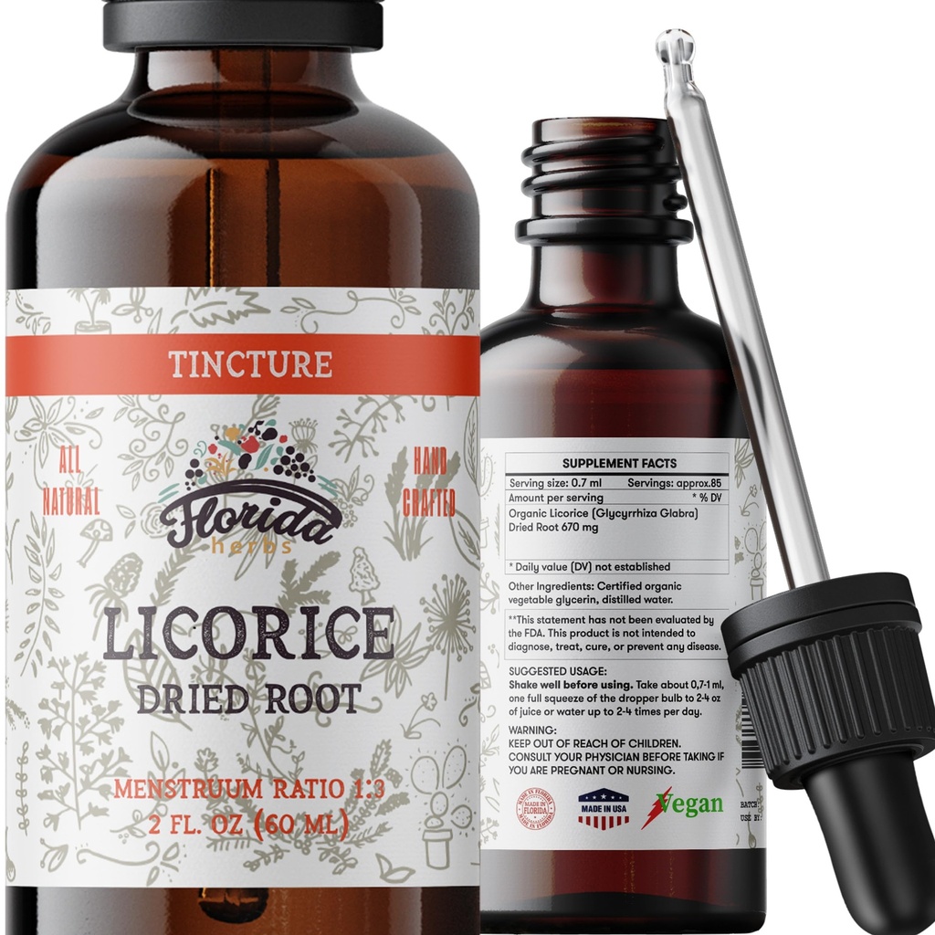 Likorice tinktur, organisk lakriseekstrakt (Glycyrhiza glabra) tørket rot, herbal Supplement, ikke-GMO i kaldtpresset organisk grønnsaker glyserin 2 oz, 670 mg