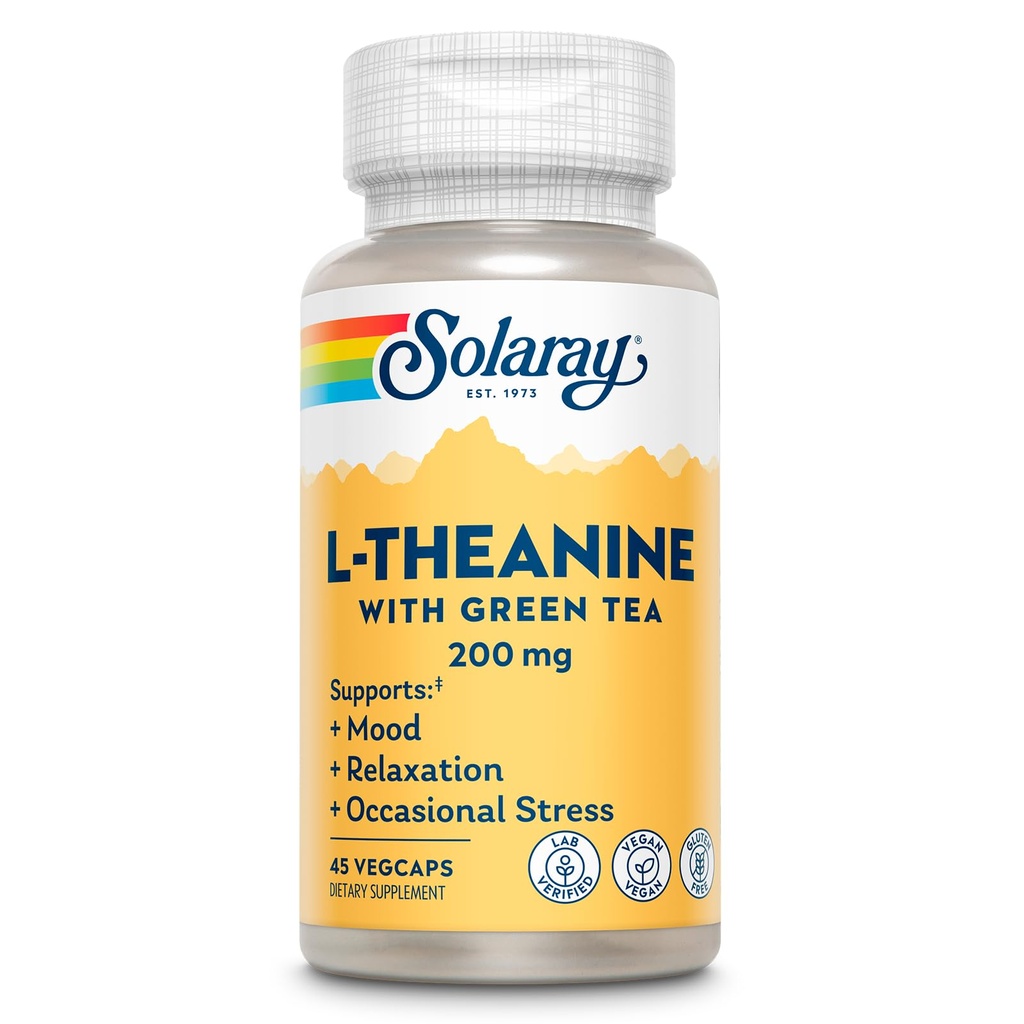 SOLARAY L-Theanine 200mg med grønn te - Sunn Mood, avslapping og anledninger Stress Support - Lab Verifisert, Vegansk, Glutenfri - 45 Services, 45 Vegkaps