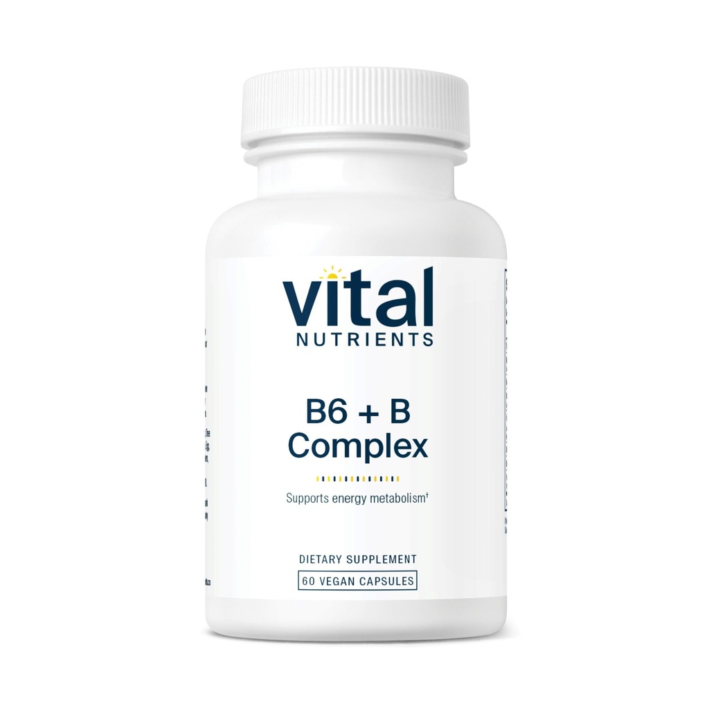 Vitale næringsstoffer Vitamin B6 + B kompleks | Vegansk metylert B-vitaminer for energi, metabolisme, hjertehelse* | Høy potens vitamin B6 for menstruell diskomfort * | Gluten, Dairy, Soya Gratis | 60 Kapsler
