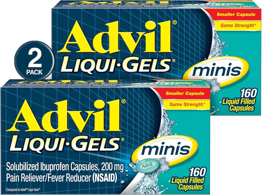 Advil Liqui-Gels minis smertestillende og feber reduserer, smertemedisin for voksne med Ibuprofen 200 mg for smertelindring - 2x160 flytende fylte kapsler