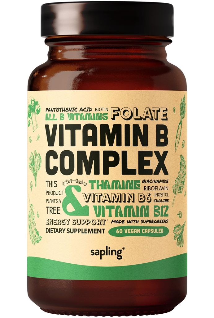 Sapling Vegansk Vitamin B kompleks - Hele matblanding med essensielle B-vitaminer B1, B2, B3, B5, B6, B7, Folat, B12-60 Caps