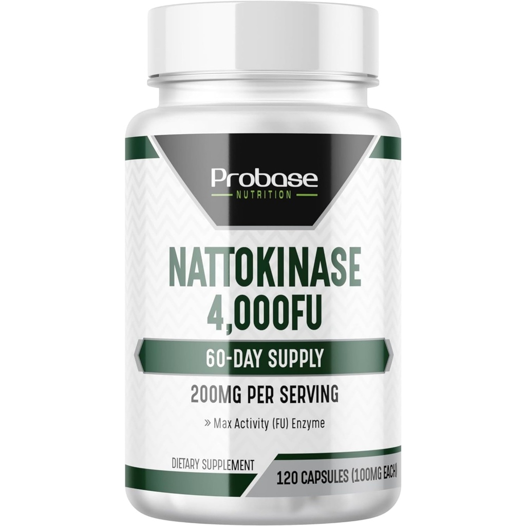 Probase Nutrition Nattokinase Supplement 4.000 FU-servinger, 120 kapsler (derivert fra japanske Natto) Systemiske Enzymer for kardiovaskulær og sirkulerende støtte