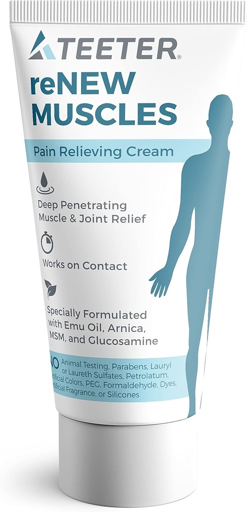 TEETER Renew - Muskel og ledd smertekrem med emuolje, MSM, Arnica, Boswellia Serrata Glukosamin (2,5 oz)