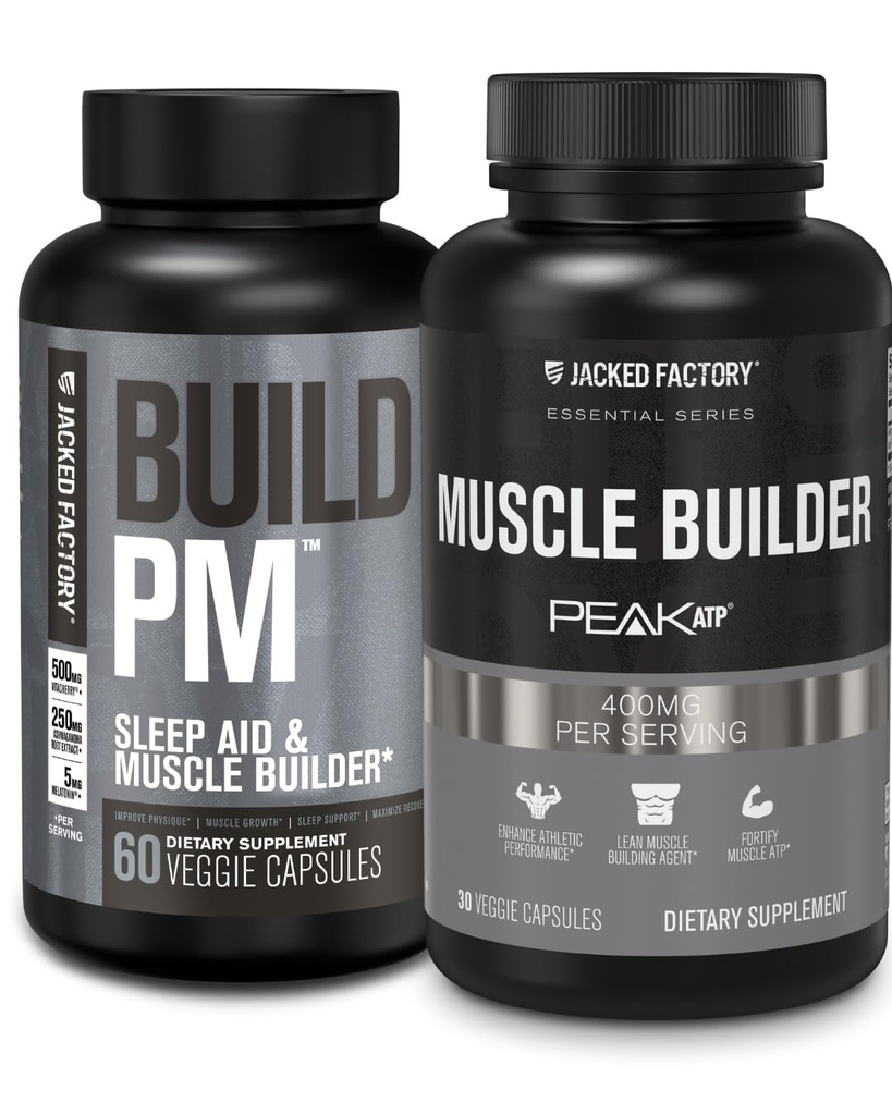 Jacked Factory Build PM Night Time Muscle Builder & Sleep Aid (60 Kapsler) & Essentials Muscle Builder - Daglig styrke Builder for menn med topp ATP (30 Kapsler)