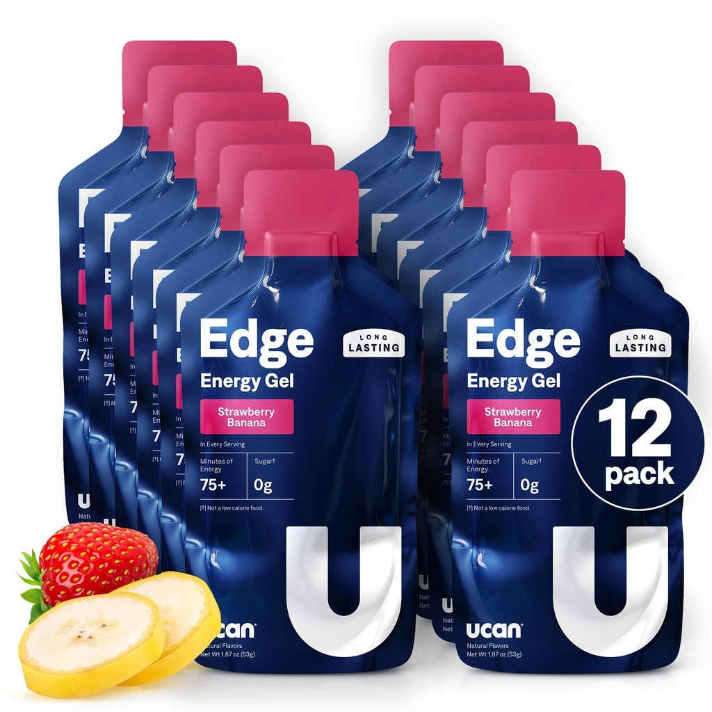 UCAN Edge Energy Gel Shots, Strawberry Banan (12, 2 Ounce Packets) til løping, Trening, Workouts, Trening, Trening, Sykling, Crossfit, Sukkerfri, Vegansk, & Keto Vennlig Energi