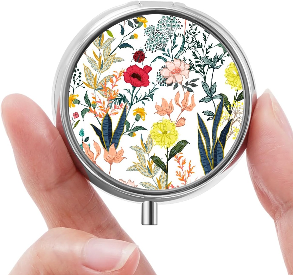 Mini piller boks, liten pille boks, bærbar pille boks, søt pille organisator for vitaminer, medisiner, fiskeolje og kosttilskudd (hvite blomster)