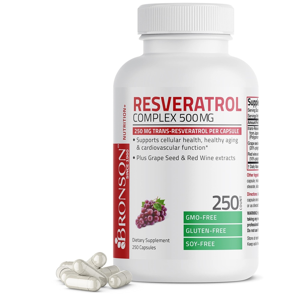 Bronson Resveratrol 500 Complex Standardisert Trans-Resveratrol + Grape frø & rødvin ekstrakt, 250 kapsler