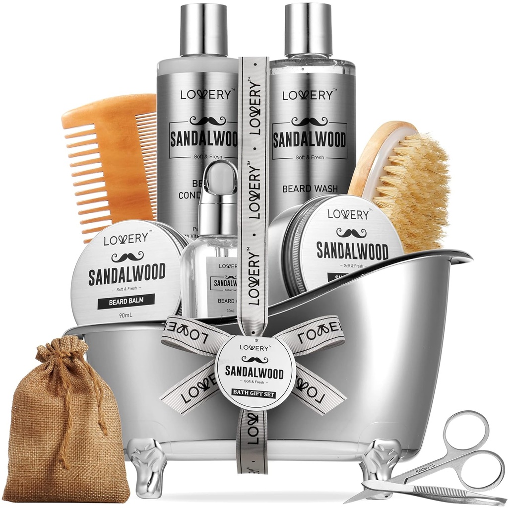 Mens Gaver, Sandalwood Beard Grooming Kit, Mens Grooming Kit for kjæresten pappa, Han, 11pc Beard Straightener for menn Beard Care, Skjeggvekst og Trimming Gave, Skjegg Vaske Growth Oil & Mer