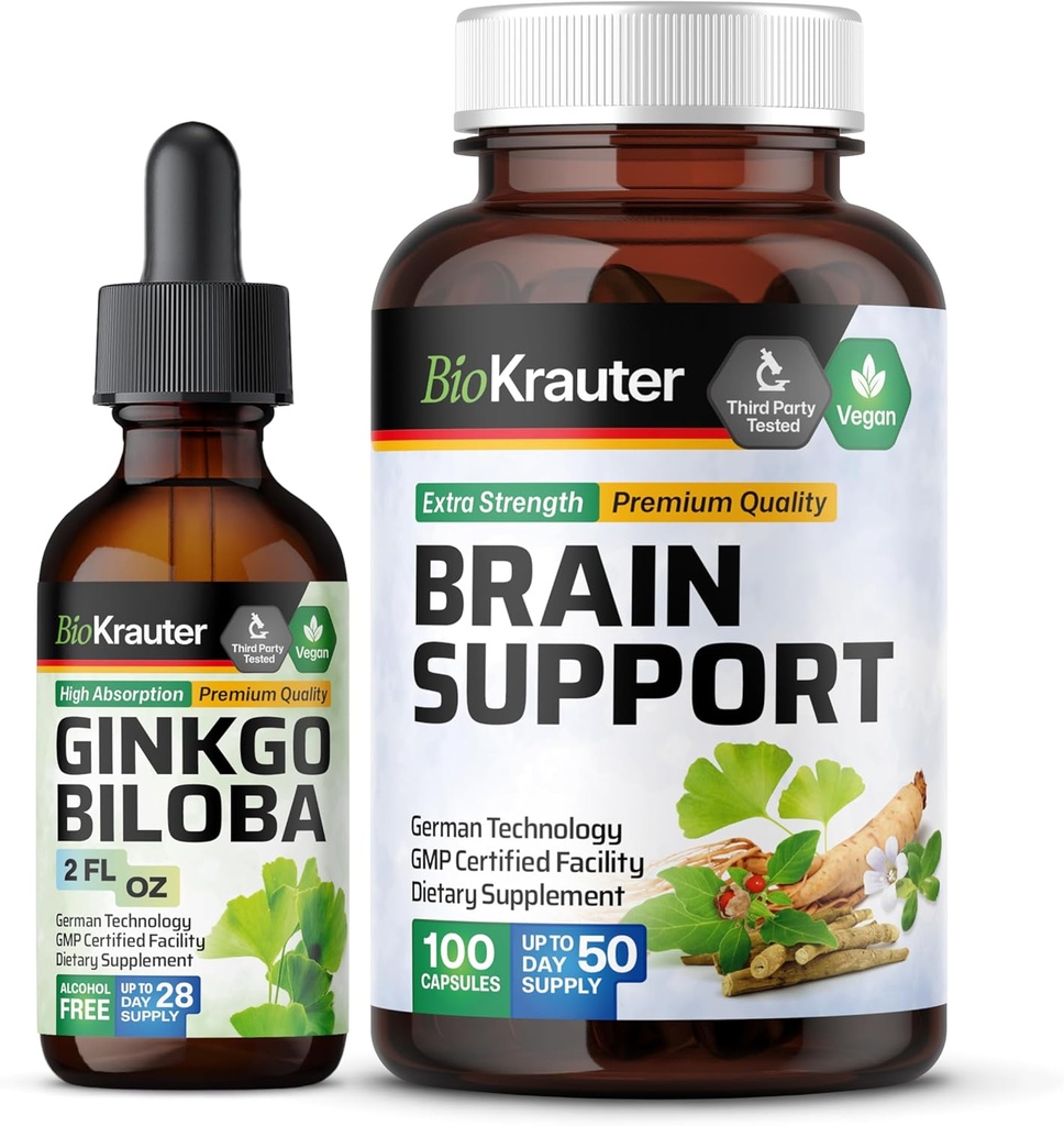 BIO KRAUTER Ginkgo Biloba Tinkture 2 Fl. Oz. & Brain Support 100 kapsler