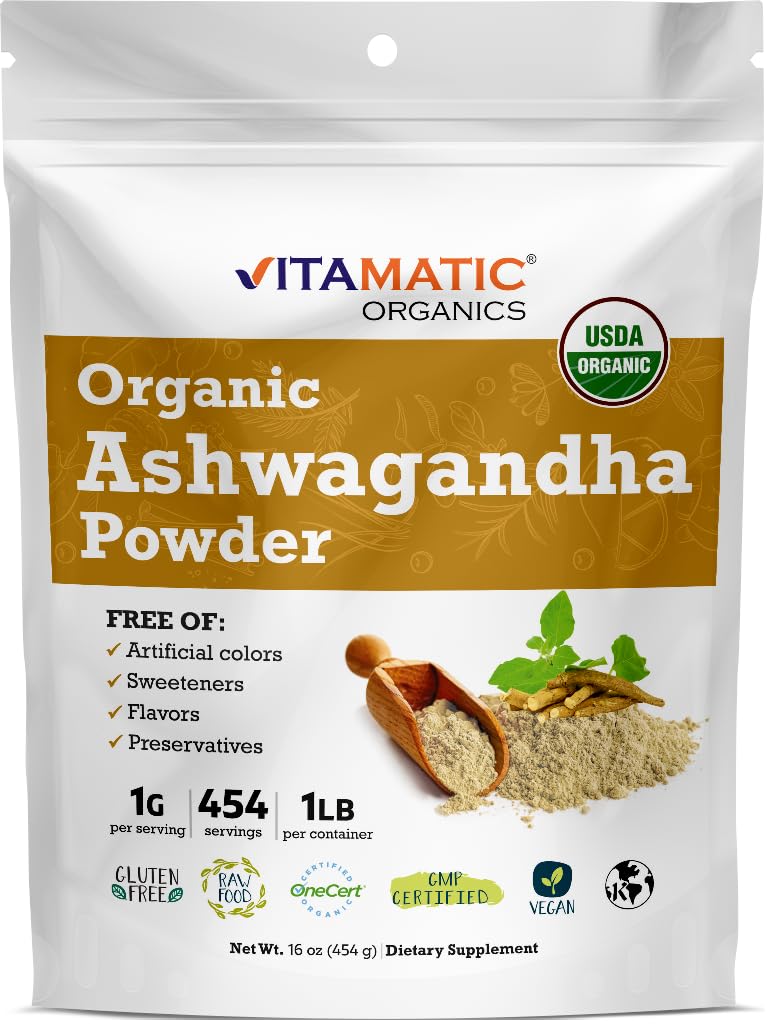 Vitamatic Certified USDA Organic Ashwagandha pulver – 1 lb (16 oz) Medania Somnifera | Ayurvedic Adaptogen for stress relief, energi, humør og immunstøtte