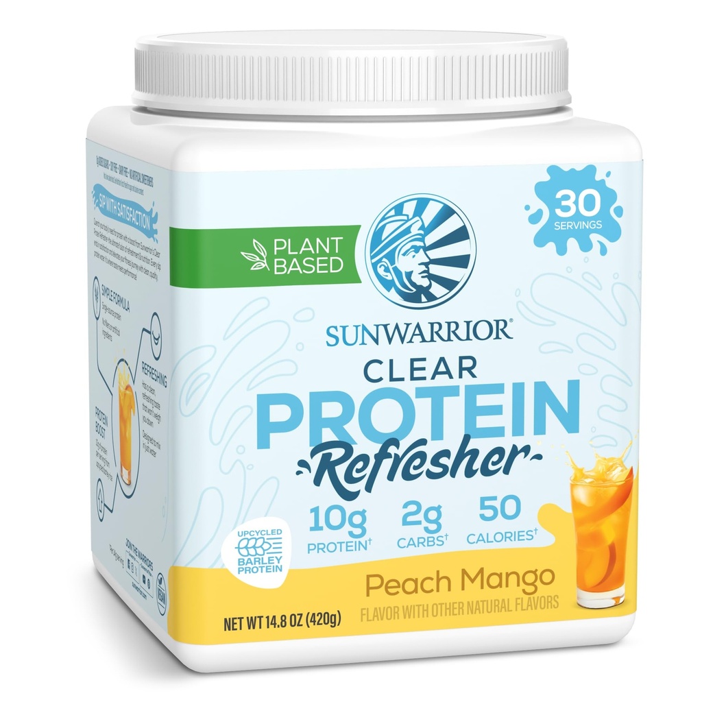 Sunwarrior Clear Protein Powder Plantebasert vannblanding, vegansk og forfriskende protein og hydrasjon Supplement 10g Per Serving Peach Mango Flavored 420g Tub 30 Serveringer