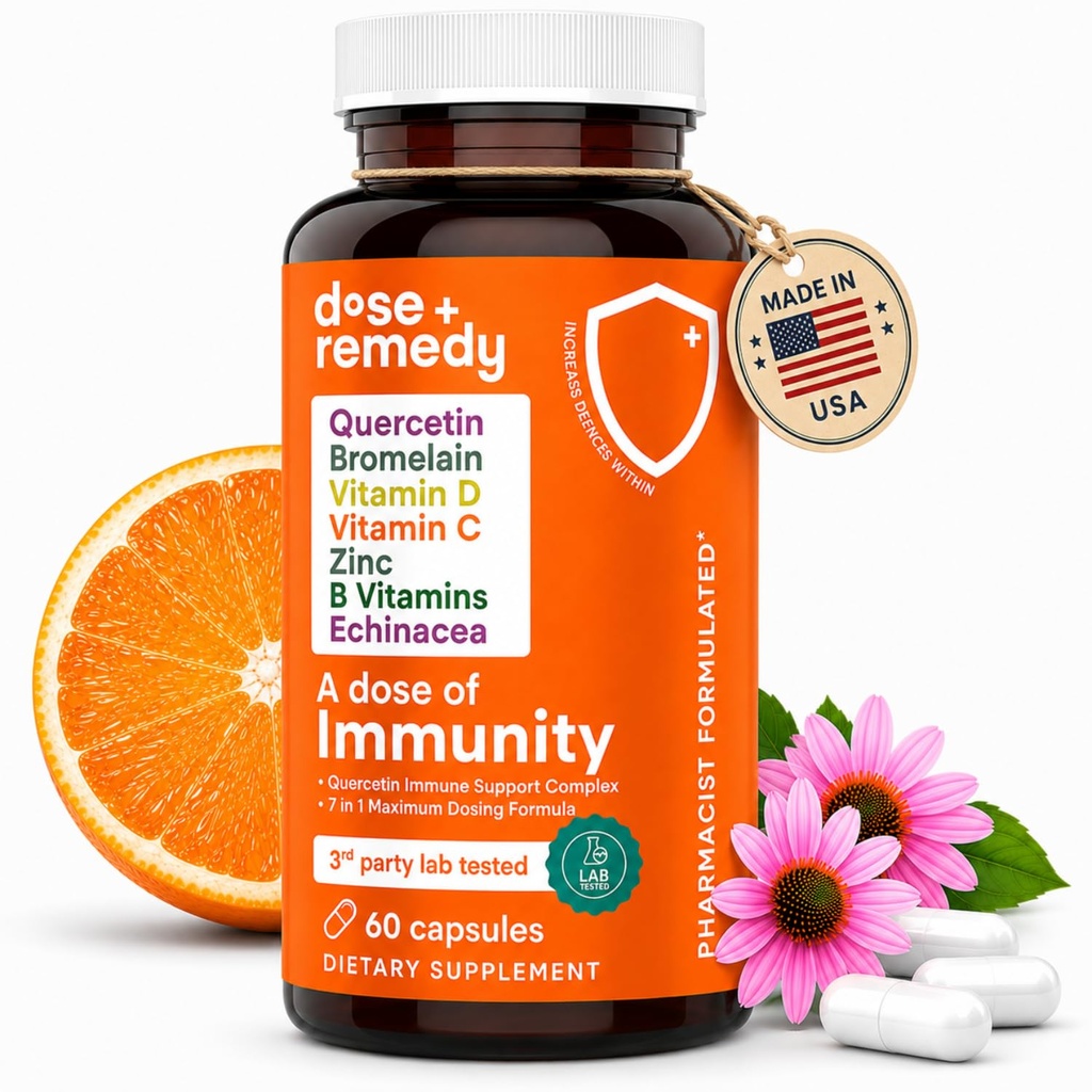 En dose immunisme Quercetin med vitamin C og sink, vitamin D, 500 mg Quercetin Bromelain med Echinacea & B vitaminer, Lung Immune Support Supplement 7 i 1 immunforsvar Booster (60 grev)