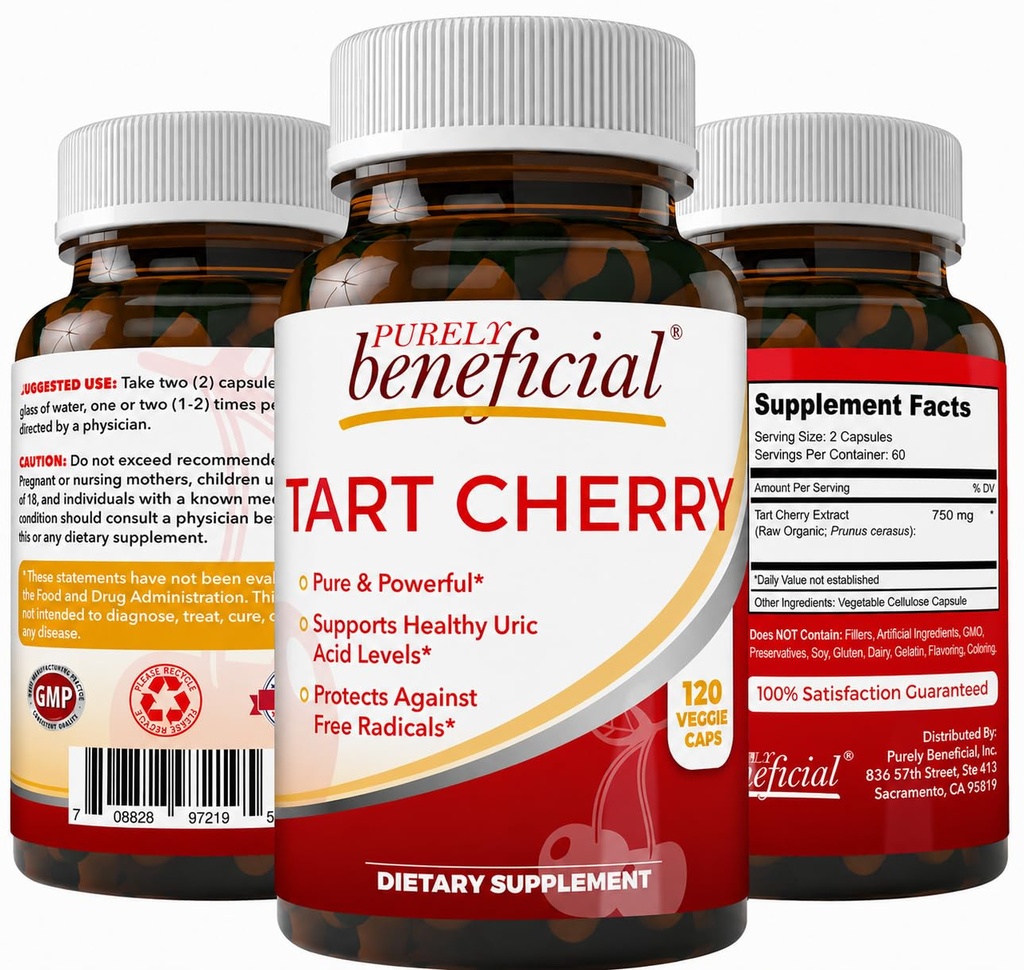 PURELY gunstig Tart Cherry Capsules 6000 mg, Extra styrke Montmorency Tart Cherry Extract, Uric Acid Flush for felles komfort, antioksidant og immun støtte, ikke-GMO, Glutenfri, 120 greve