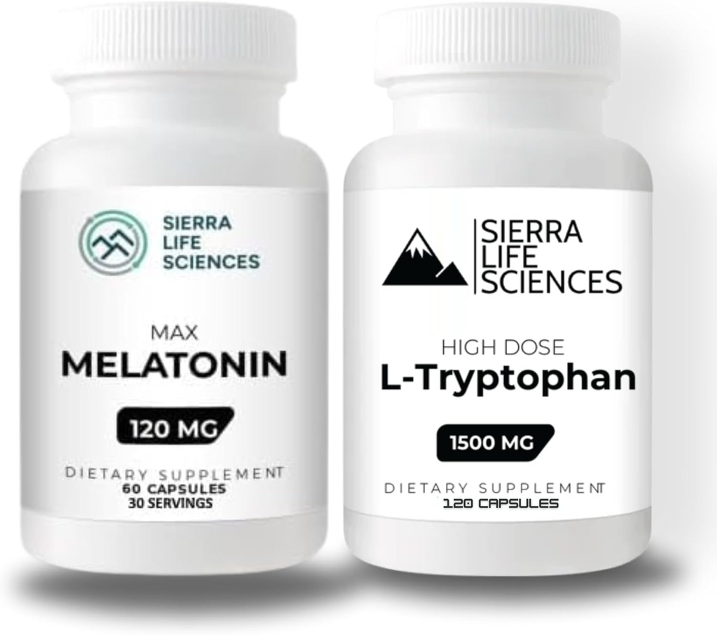 1500mg L-tryptofan & 120mg Melatonin Bundle | Høy dose kapsler for søvn og Mood Support | Glutenfri, Ikke-GMO, Veg-Caps | 30 serveringer hver