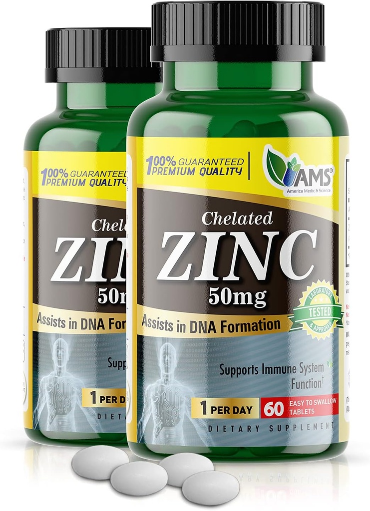 Amerika Medisin og vitenskap Chelated Zinc 50 mg Kosttilskudd (2 Pakke med 60 tabletter) Immun Booster og kraftige antioksidant piller for voksne menn og kvinner, forbedrer humør og søvn