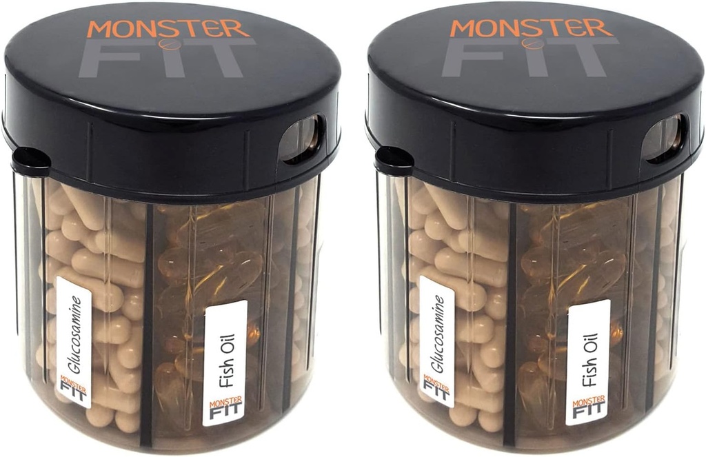 Monster Supplement Medisin Pille Dispenser med sammenliknende etiketter - Ekstra store piller flaske håndtak nesten alle kosttilskudd - lett å dispensere (Monster Fit - 2 pakke)