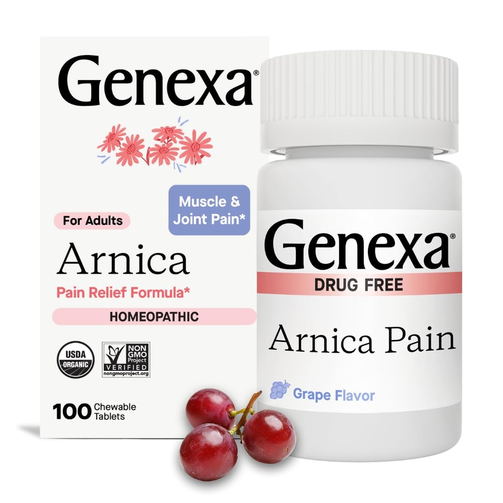 Genexa Arnica for smerterelief | Alleviate Muscle & Joint Smerte, Soreness & Stivhet | Reduserer Bruises & Svelting | Organisk Grape Flavor | Homeopatisk Remedy laget ren | 100 Chewable tabletter