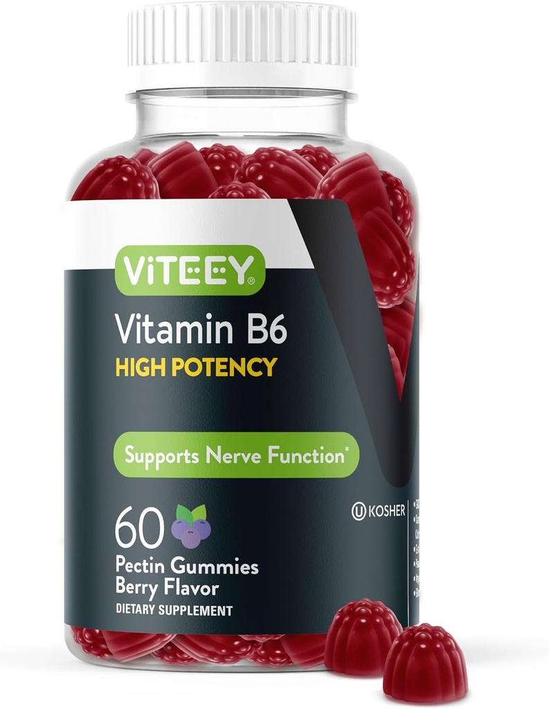 Viteey Vitamin B6 Gummies - Energi, Nerve & Mood Support - B6 Vitaminer 100 mg - Vegan, Glutenfri, GMO Gratis - 60 Count