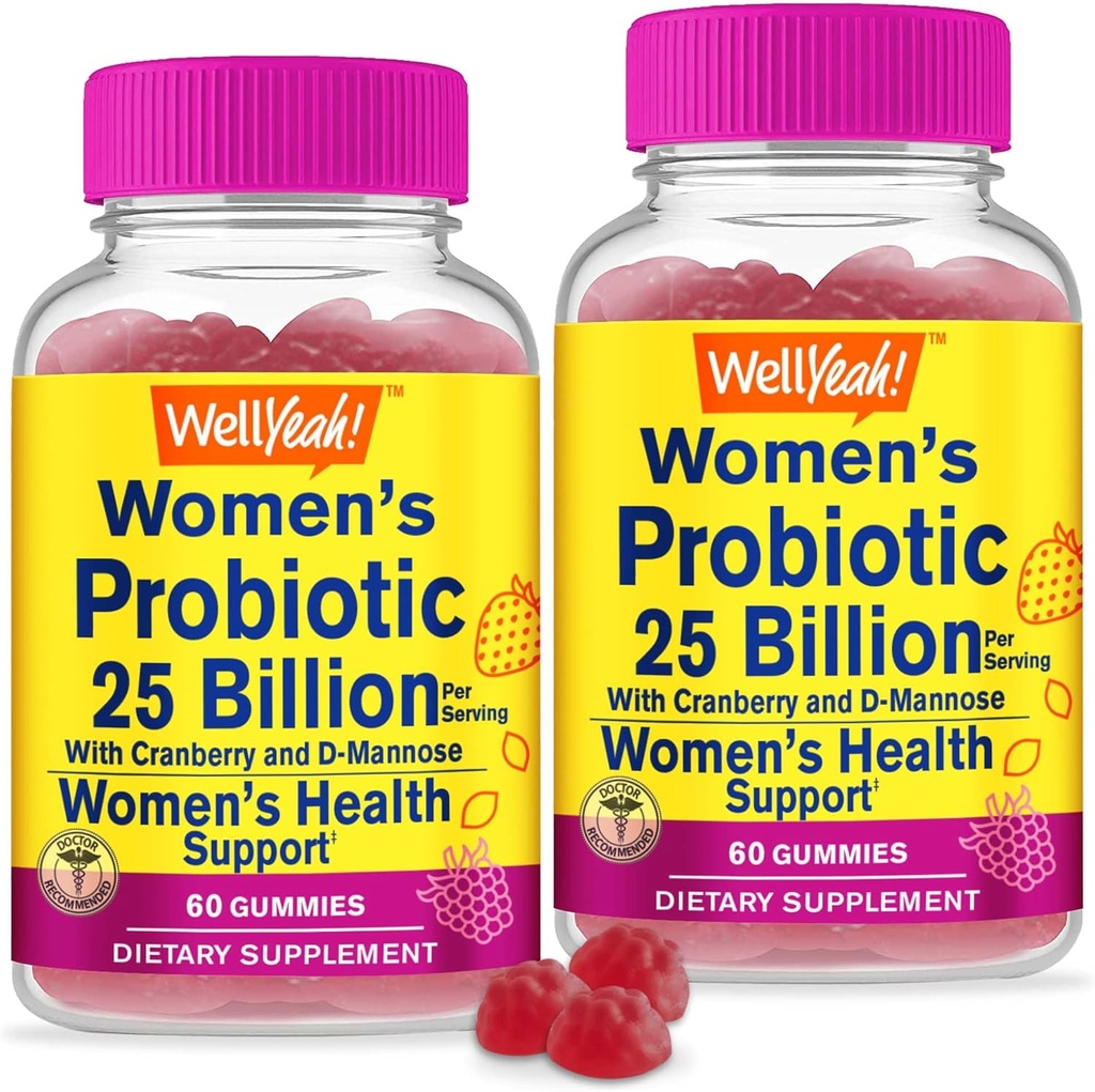 Vel Ja 25 milliarder probiotika for kvinner Cranberry og D-Mannose Gummies (2 pakke) - Vaginal og Gut Helse, Digestiv støtte og Feminine Helse - Kvinner Probiotiske med 12 Strains - 60 Gummies