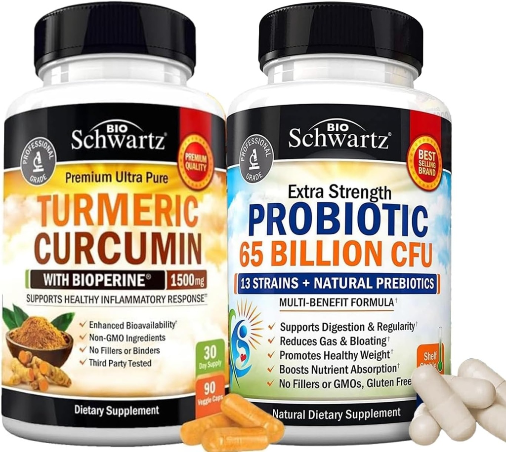 65 milliarder CFU daglig probiotiske Supplement (1 måned forsyning) Plus gurkemeie curcumin med svart pepper ekstrakt 1500 mg kompleks (trial størrelse)