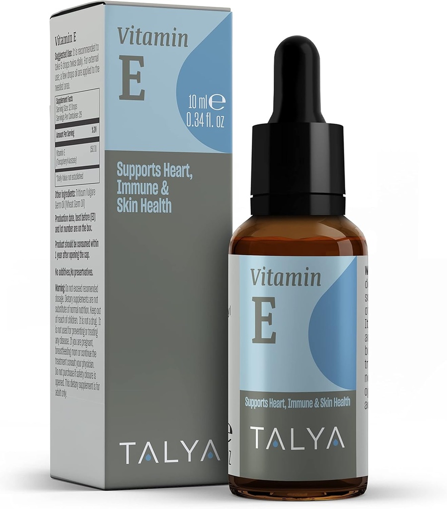 TALYA Vitamin E flytende drops 0.34 fl.oz | Bone, felles, hjertehelse | Vitamin E olje for arr og hud | Glassflaske med dropper | Vitamin E Supplement, ikke-GMO, Vegan