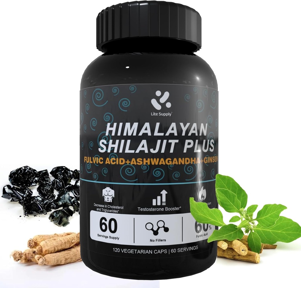 Shilajit Himalayan Supplement 60% Fulvic Acid, 120 Vegan Capsules Supply med ren naturlig Shilajit, Ashwagandha, Ginseng Extract - høy i spor Mineraler for menn Energistøtte