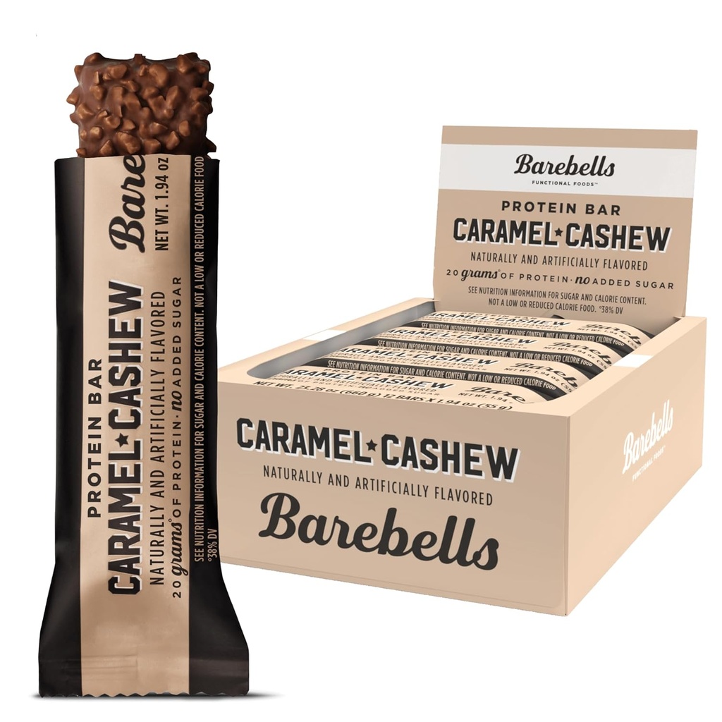 Barebells Protein Bars Caramel Cashew - 12 greve, 20g høyproteinbehandling - Sjokolade ernæringsbar med 1g Total Sukker - On-The-Go Frokost eller post-Workout Snack