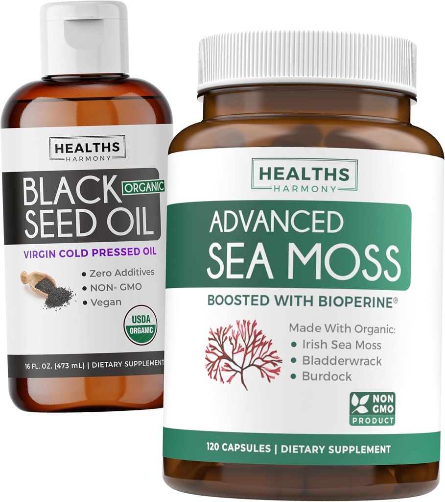Svart Seed Olje Flytende & sjø Moss (2-måneders forsyning) Hav & frø Fusion Bundle - Svart Seed Oil Liquid (16fl.oz) Premium Kaldpresset Clack Cumin Seed Oil & Organic Irish Sea Moss med BioPerine - Vegan