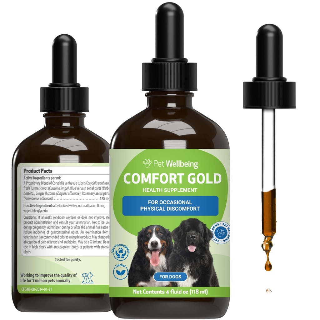 Kjæledyr velvære Comfort Gull for hunder - støtter Canine fysisk komfort, sunn sirkulasjon, Corydalis, Turmeric - Veterinærformulert Herbal Supplement 4 oz (118 ml)