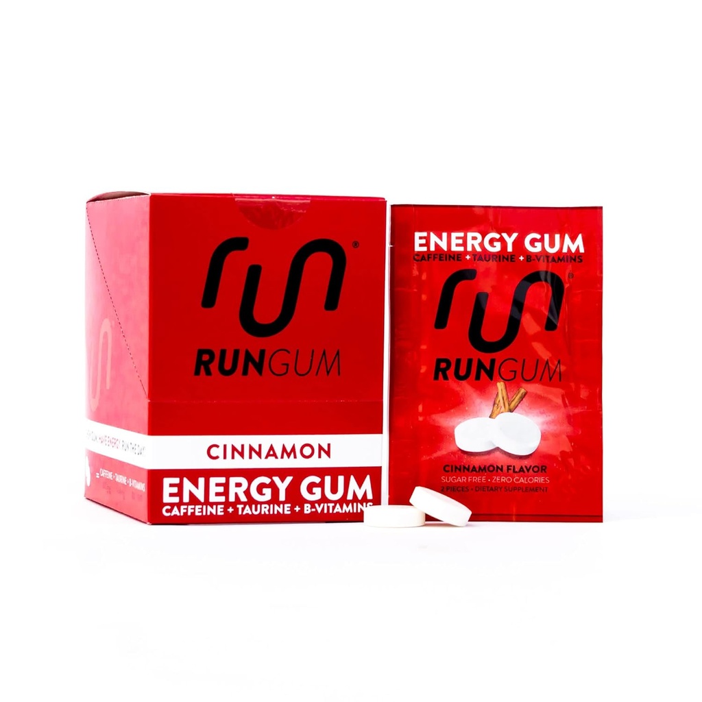 RUN GUM Cinnamon Energy Gum 50mg Koffein Taurin & B-vitaminer per stykke, 24 stykker (pakke med 12), 2 stykker = 1 kaffe eller energi drikke, sukkerfri, null kalori