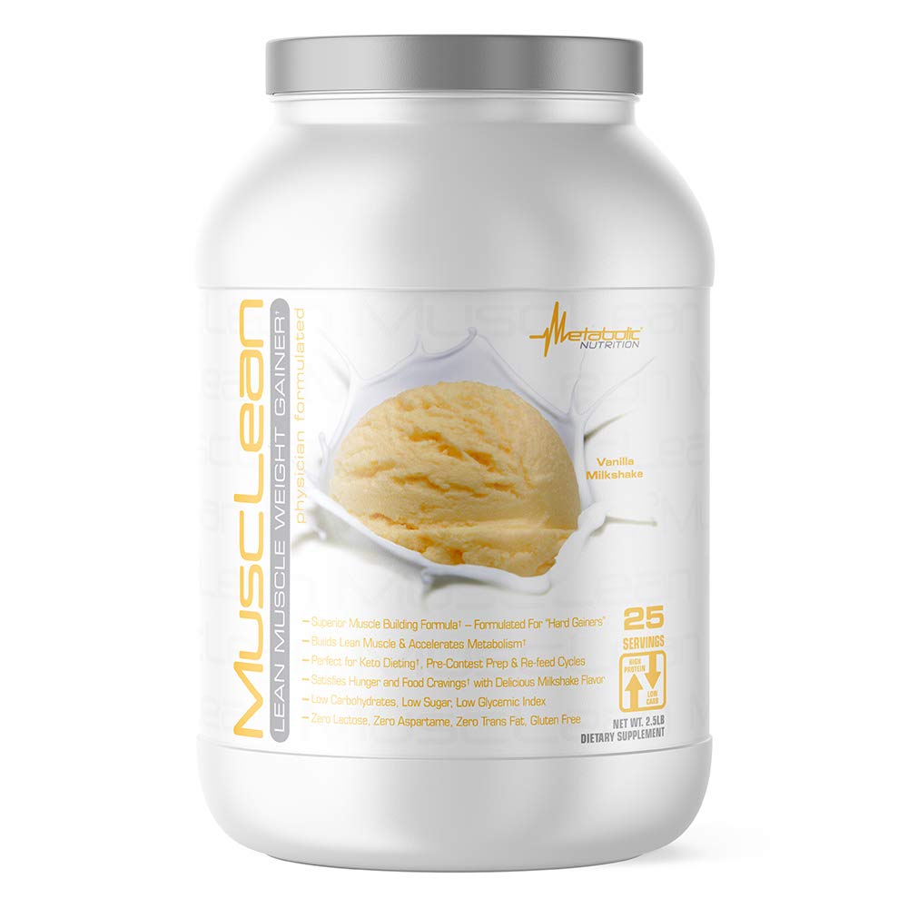 Metabolsk ernæring - Musclean - Melkshake Vektvinner, Whey høyproteinmåltid utskiftning, vedlikeholdsnæring, lav carb, keto diett, digestive enzymer, Vanilla, 2,5 pund (25 ser)