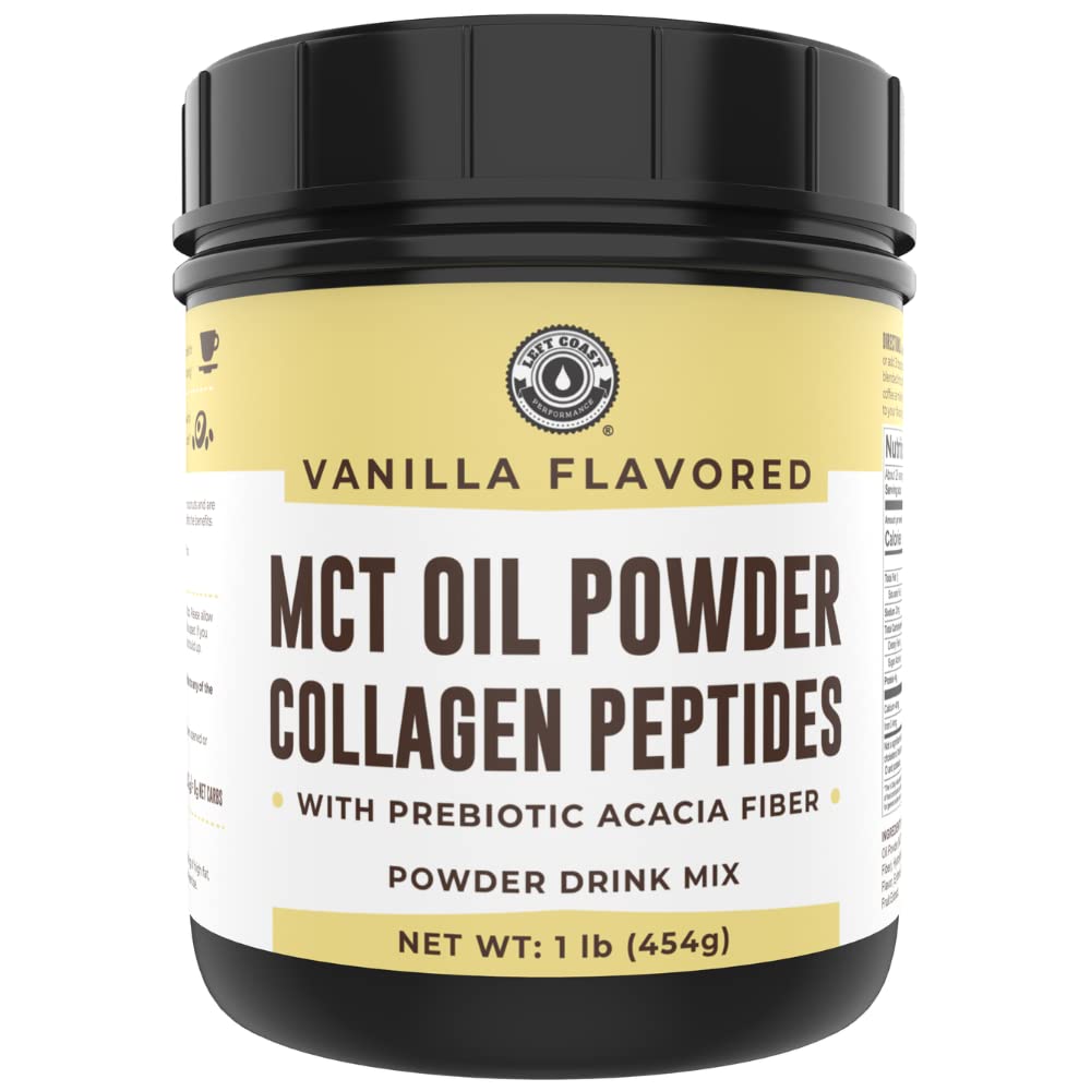 Keto MCT olje pulver + collagen + prebiotiske Acacia Fiber, Vanilla Flavor, 16 oz. MCT oljepulver fra kokosnøtter. Gras Fed collagen, Perfekt for Keto, 0 Netto Carb, Stevia, Erytritol, pulverisert drikke