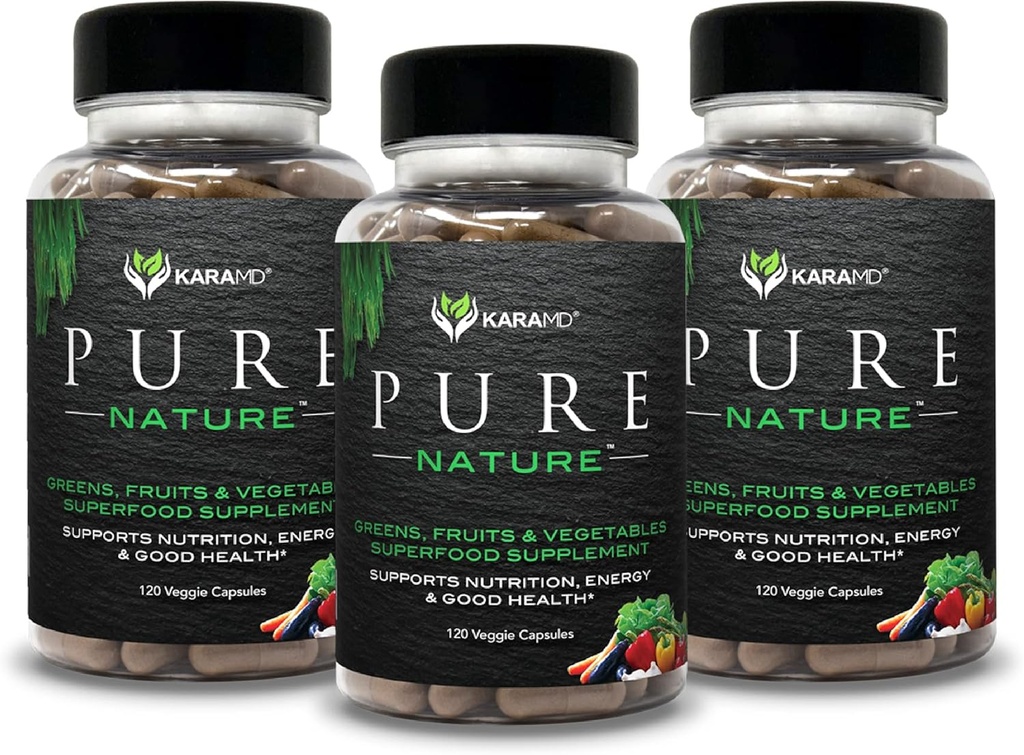 KaraMD ren natur | Grønn, frukt og grønnsaker Supplement | Vitaminer, fiber og antioksidanter | 20 frukter og grønnsaker Kosttilskudd for energi og digestion | Glutenfri og veganvennlig (3 pakke)