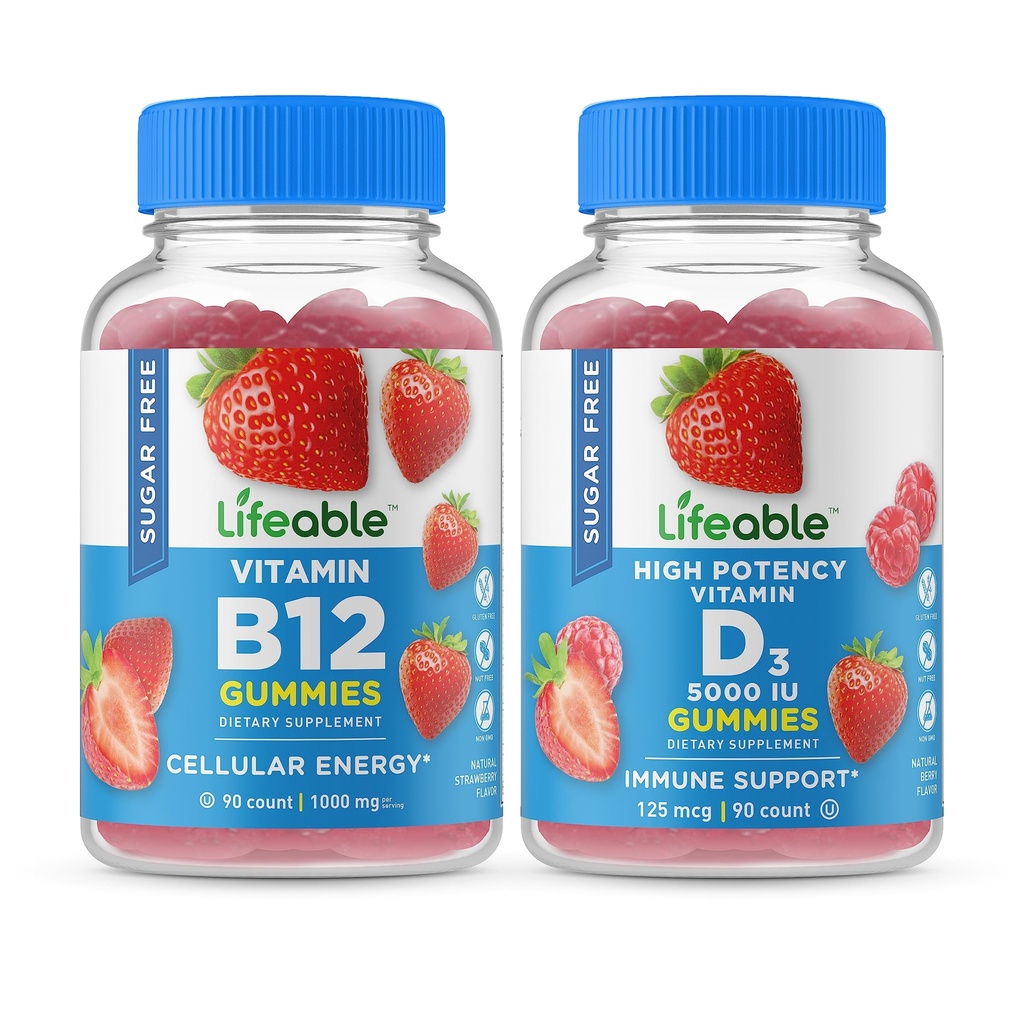 Livbar Sugar Gratis Vitamin B12 + vitamin D 5000 IE, Gummies Bundle - Great Tasting, vitamin Supplement, Glutenfri, GMO Gratis, Chewable Gummy