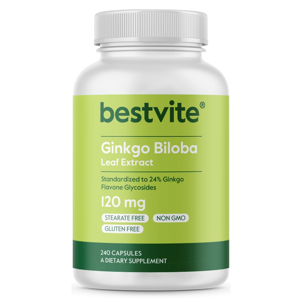 BESTVITE Ginkgo Biloba 120 mg (240 kapsler) - Ingen stearates - ikke GMO - Glutenfri - standardisert til 24% Ginkgo Flavon Glycosider