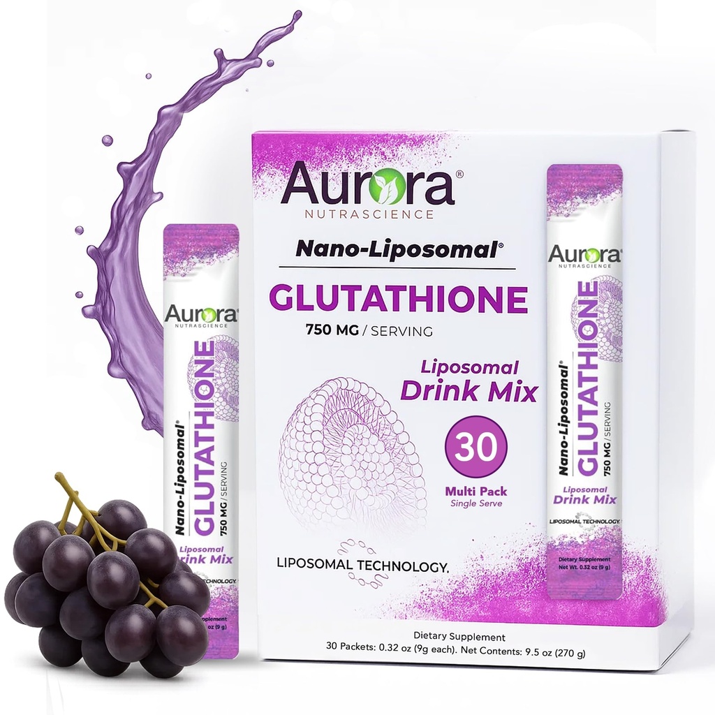 Aurora Nutrascience Nano-Liposomal Glutathione, Grape pulverisert drikke blanding immun og antioksidant Gut Helsestøtte Supplement, 750 mg per servering, ikke-GMO, sukkerfri, 30 enkelt server pakker