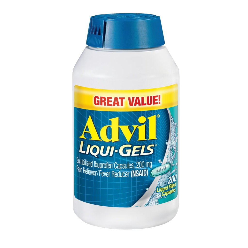 Advil Liqui-Gels smertestillende og feberreduserende, smertestillende medisin for voksne med Ibuprofen 200 mg for hodepine, ryggsmerter, menstruasjonssmerter og ledd smertelindring - 200 flytende fylte kapsler